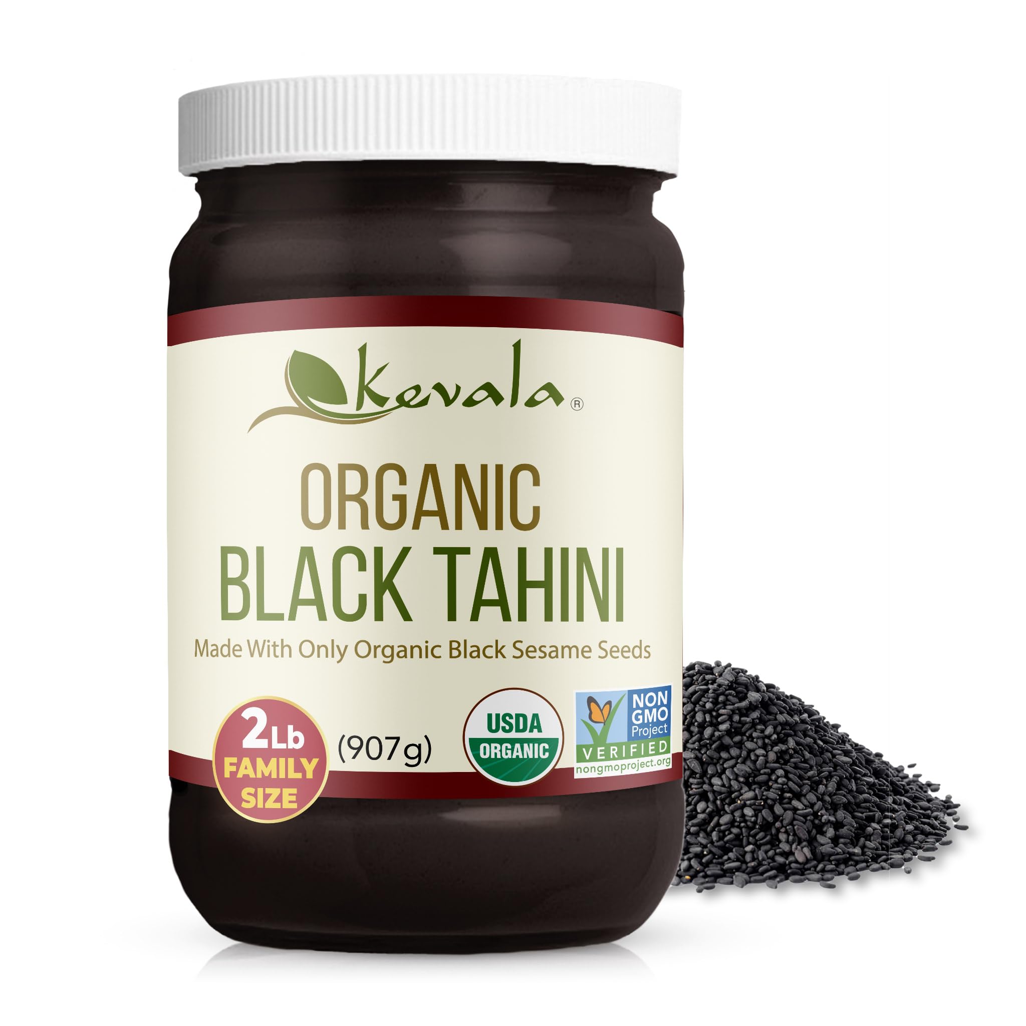 kevala black tahini front jar showing label and size for pantry convenience