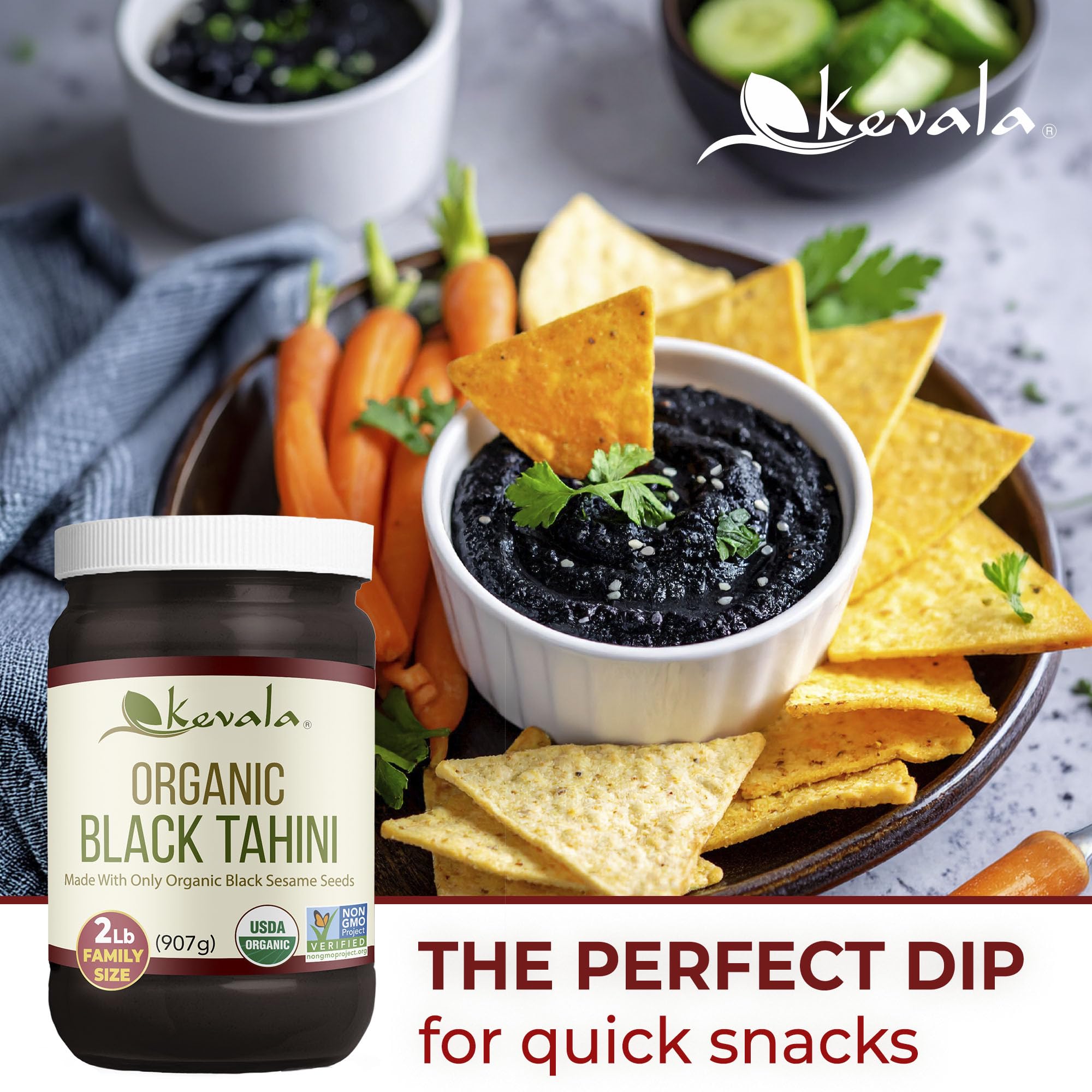 kevala black tahini served in a bowl with spoon ready for dressing and dips