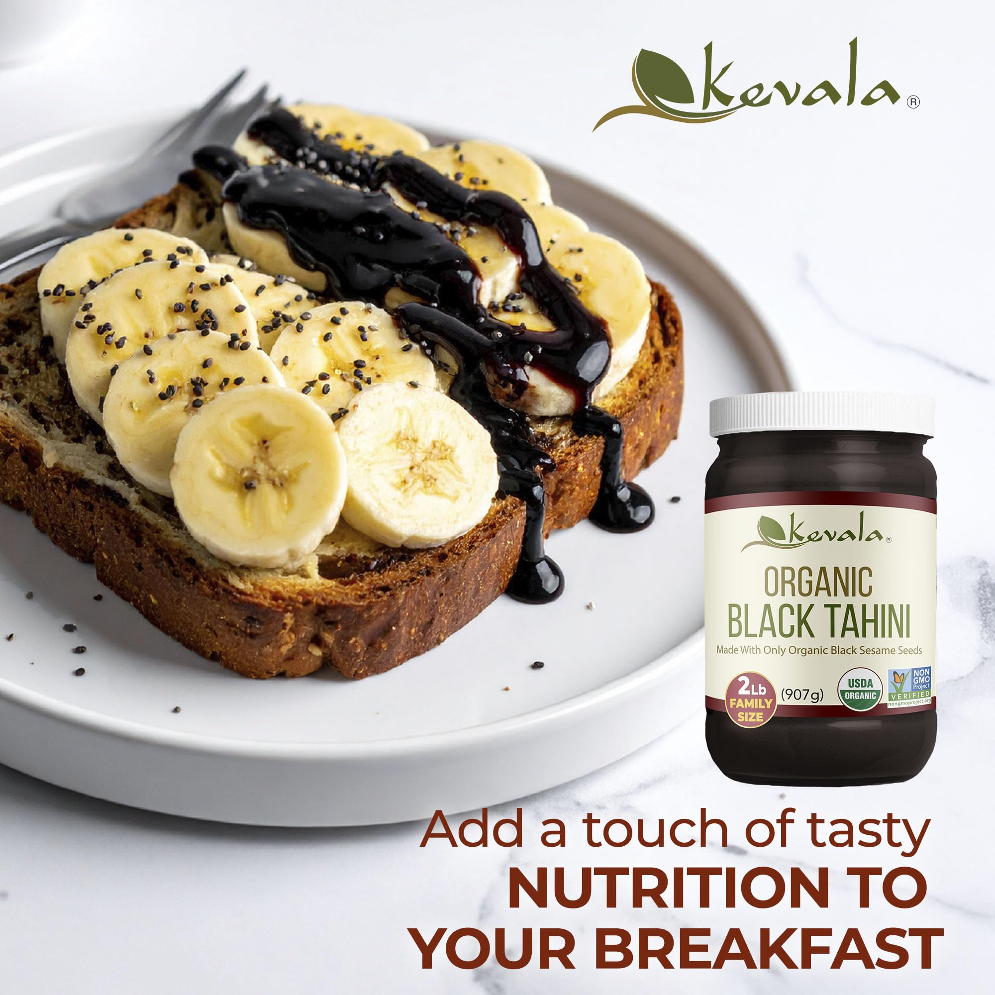 kevala black tahini spread on toast demonstrating a savory, nutrient-rich topping