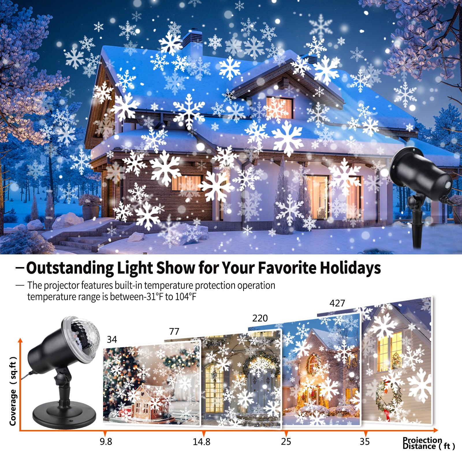 KEVE projector scattering snowflakes across an indoor ceiling to enhance party ambiance
