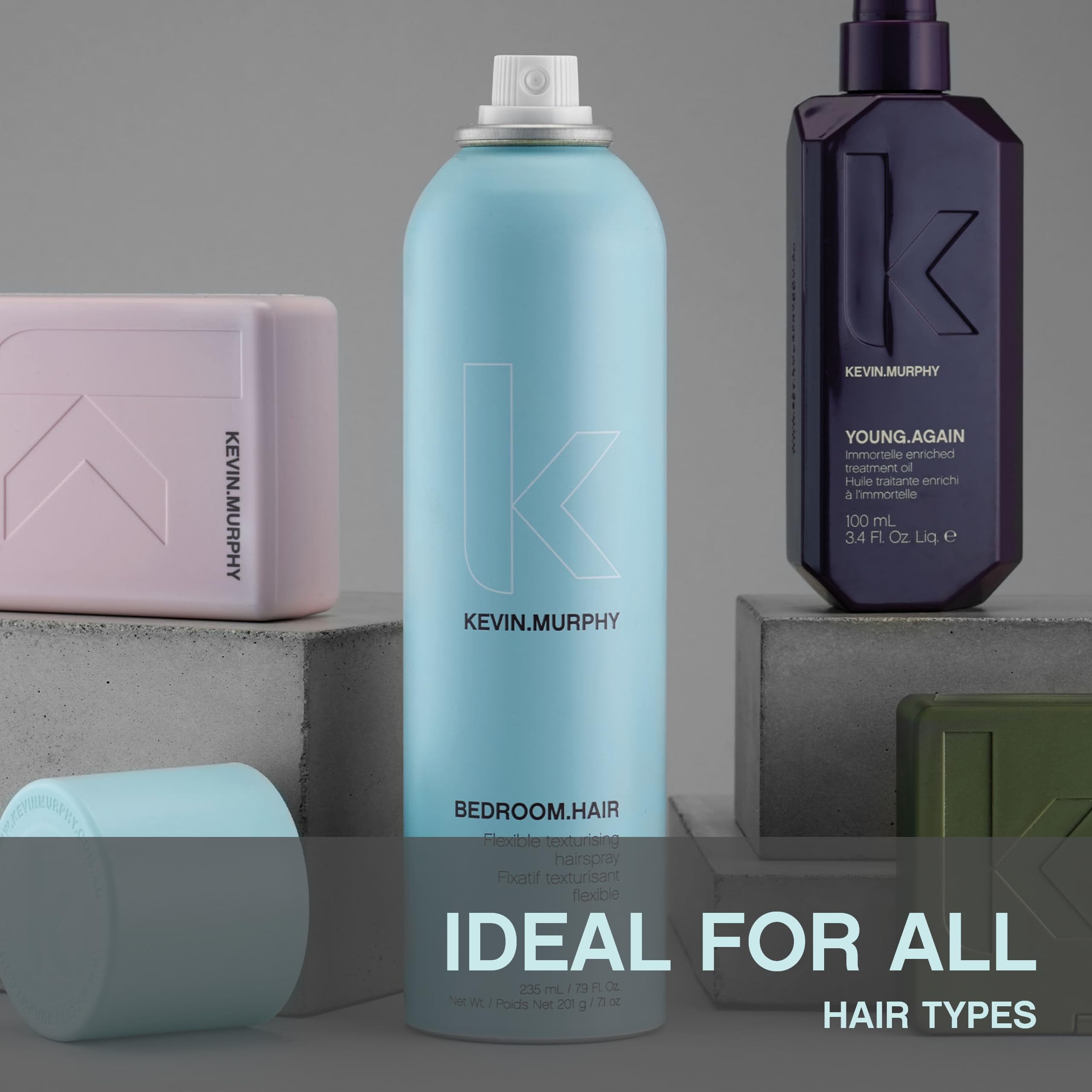 KEVIN.MURPHY bottle beside common items to show 3.4 fl oz size and travel convenience