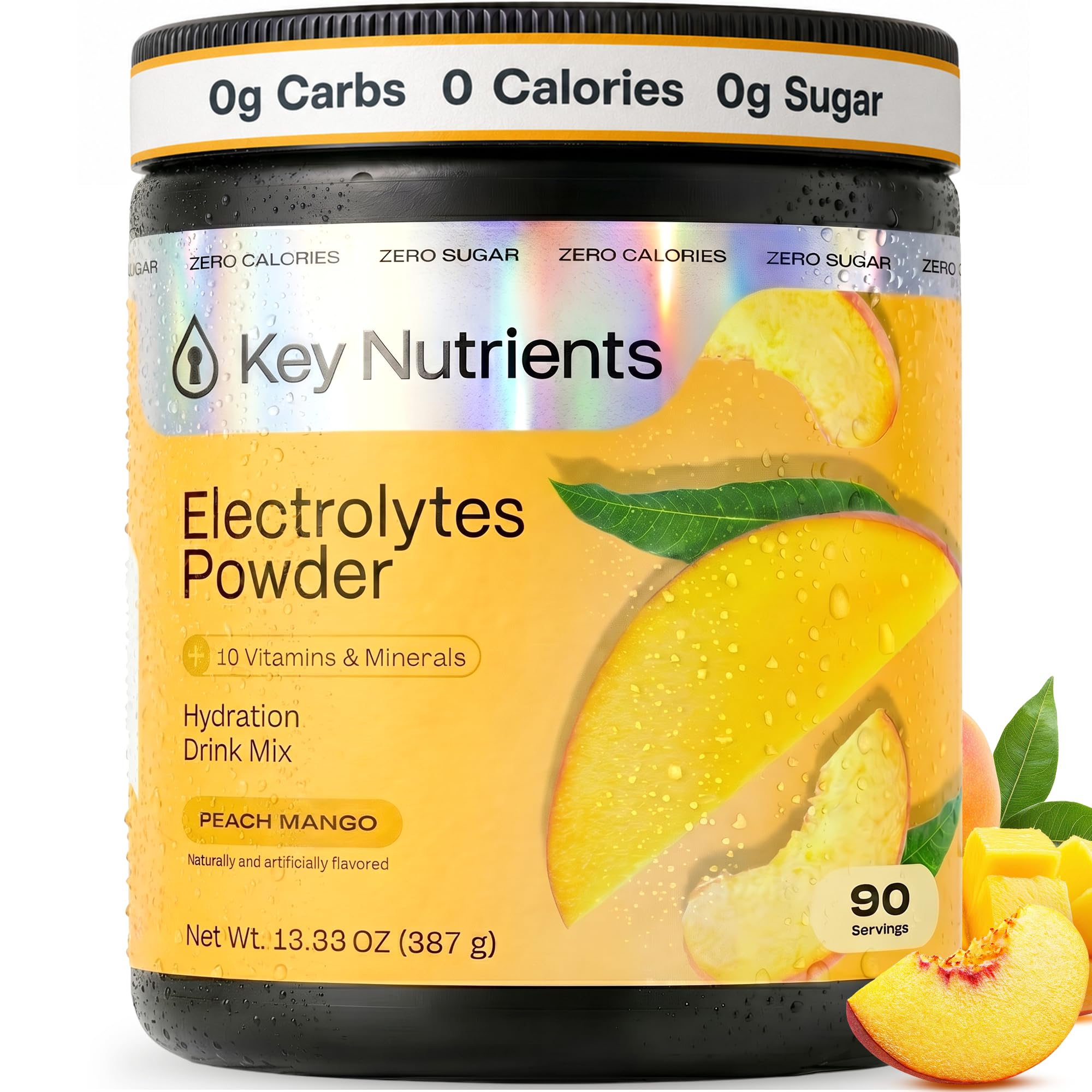 KEY NUTRIENTS front packaging showing peach mango label and 90 servings benefit