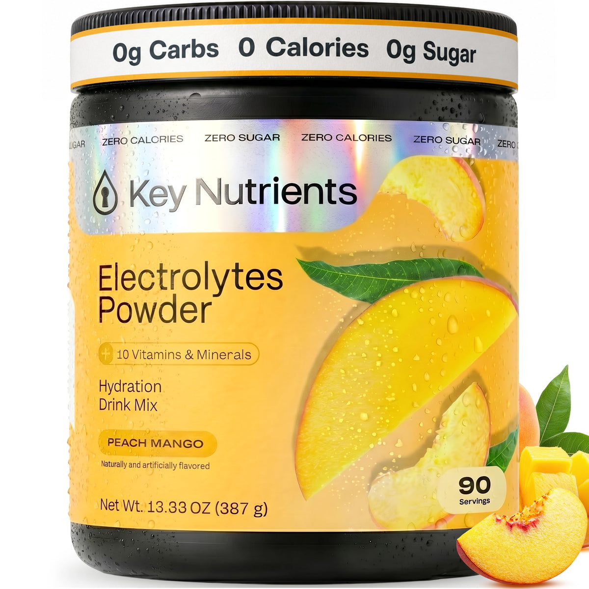KEY NUTRIENTS front packaging showing peach mango label and 90 servings benefit