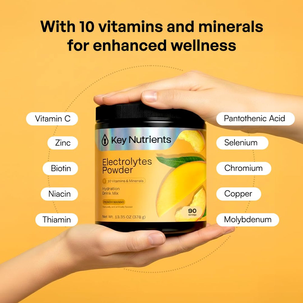 KEY NUTRIENTS prepared peach mango drink in glass for refreshing hydration