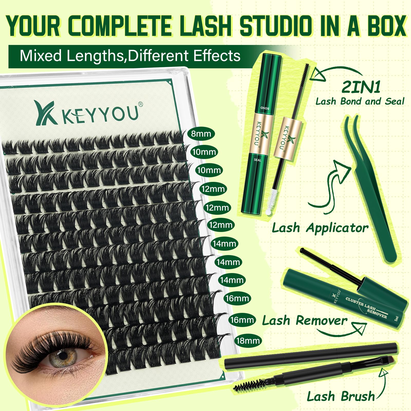 KEYYOU applicators and lash brush included for easy precise application