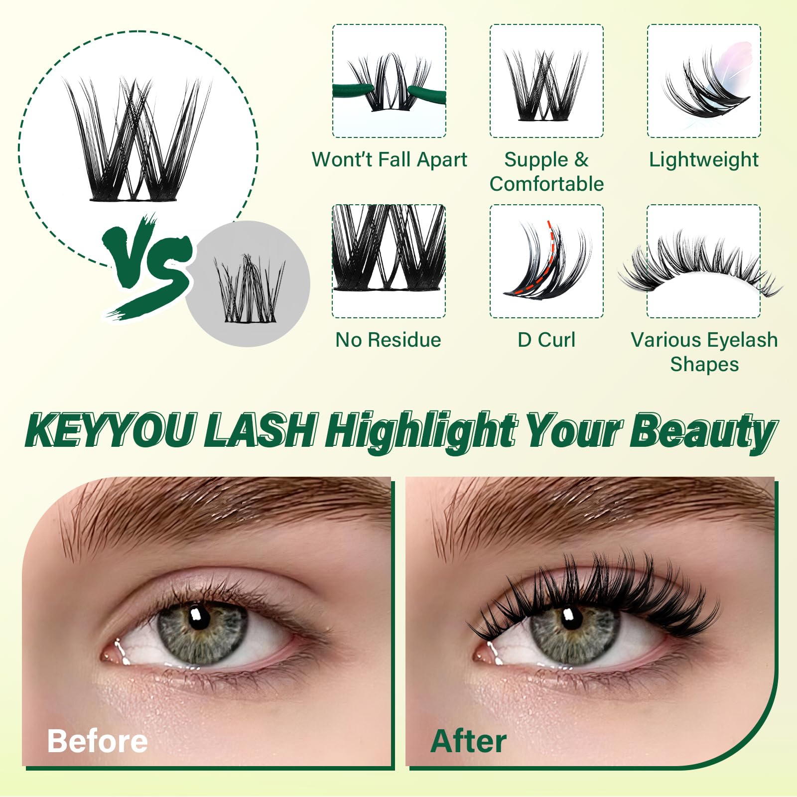 KEYYOU clusters held in hand showing 8–18mm mixed lengths for customization