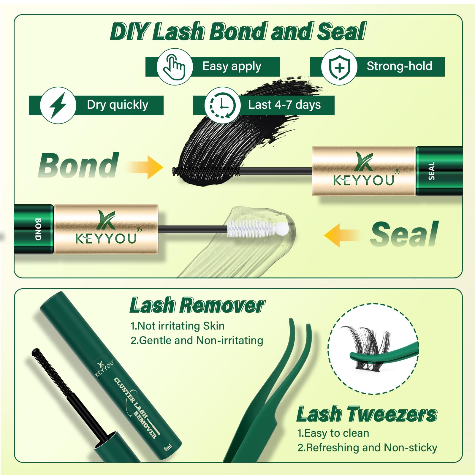 KEYYOU kit with waterproof glue and remover demonstrating long-lasting hold