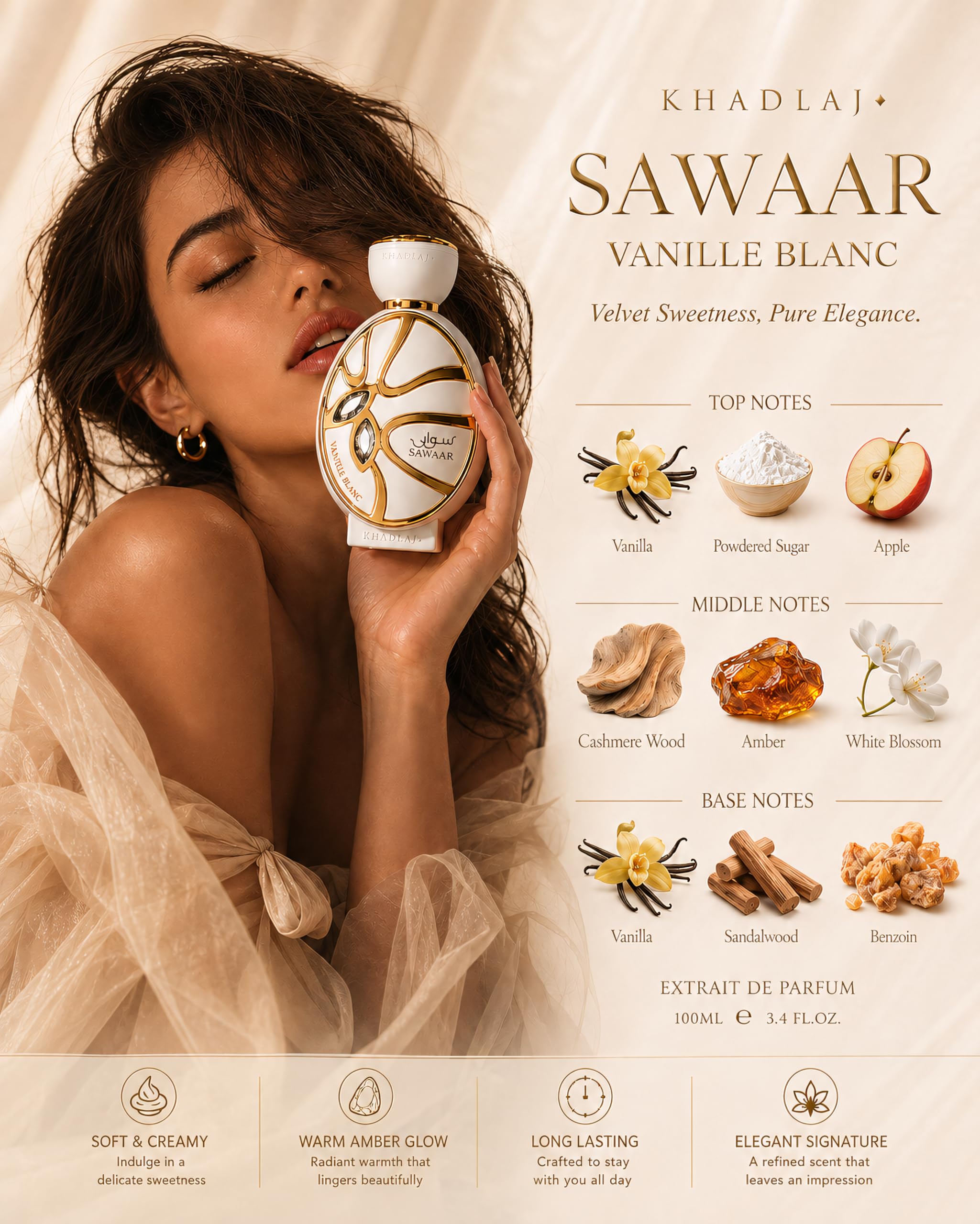 KHADLAJ PERFUMES notes overlay with vanilla and amber highlighting composition