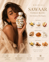 KHADLAJ PERFUMES notes overlay with vanilla and amber highlighting composition