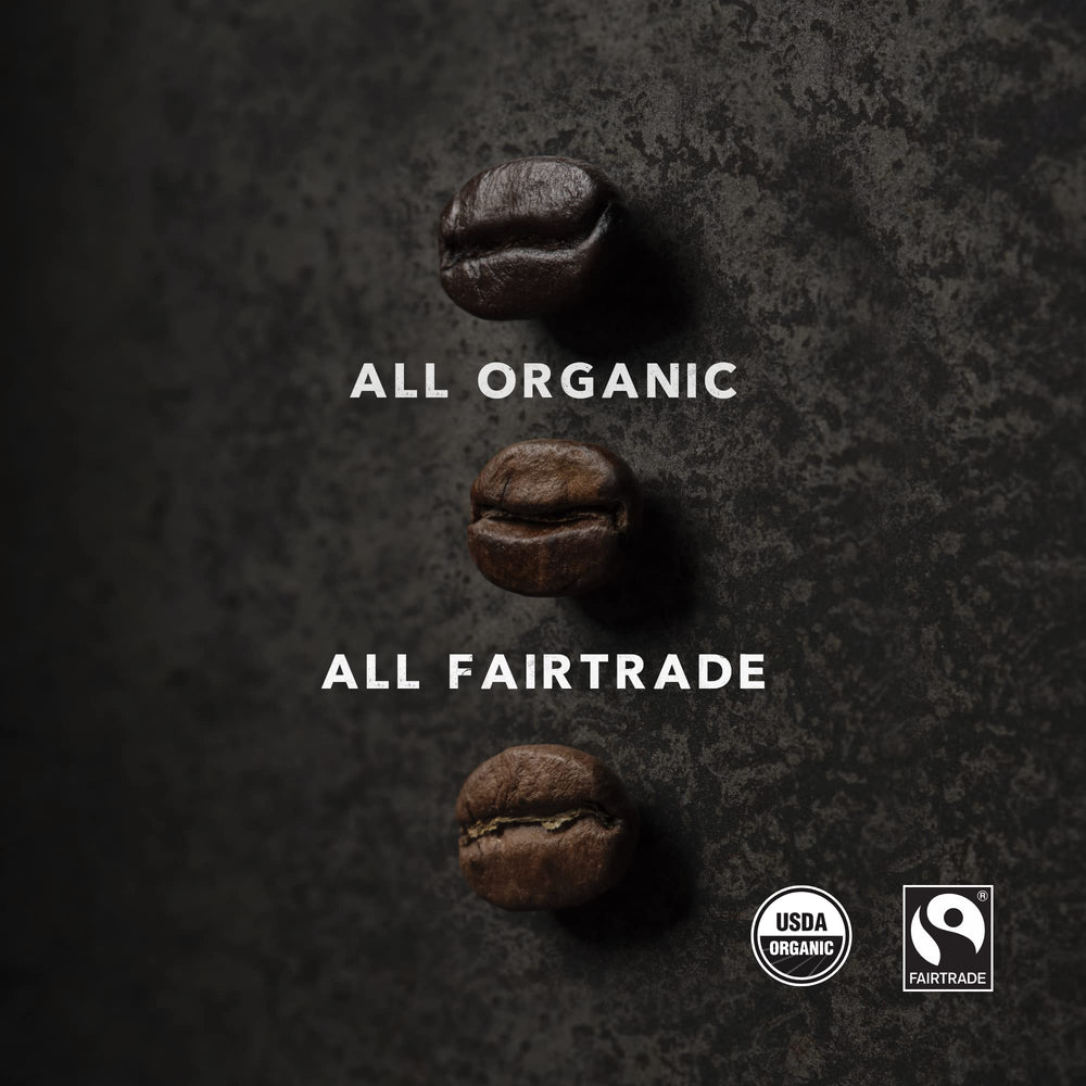 Kicking Horse open bag with beans pouring for easy scooping and freshness benefit