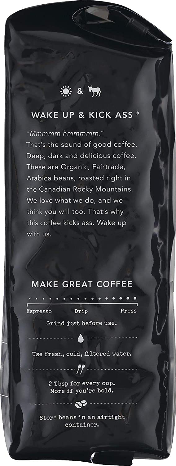 Kicking Horse Grizzly Claw certification labels showing organic Fairtrade Kosher benefits