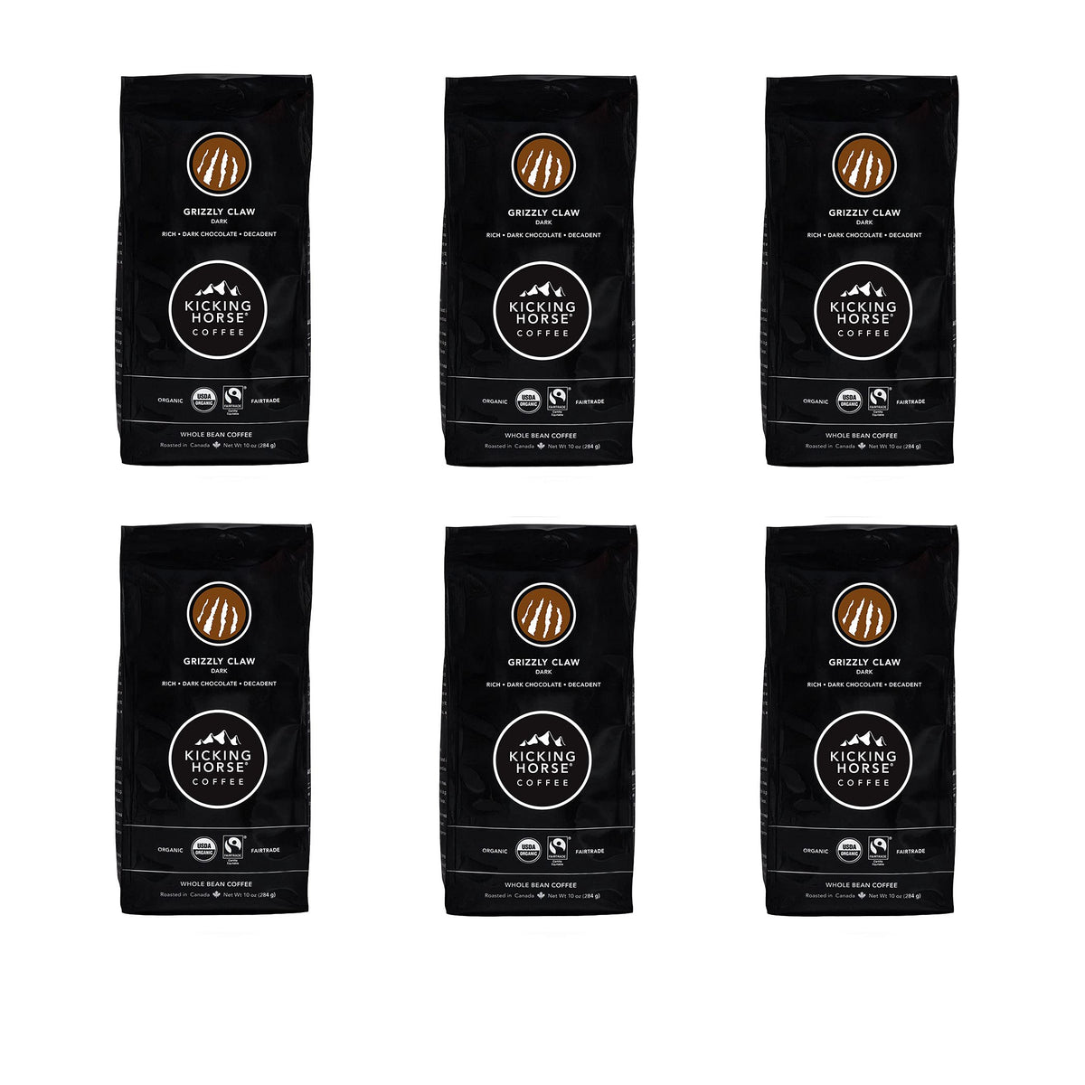 Kicking Horse Grizzly Claw front packaging shows bold dark roast and certifications