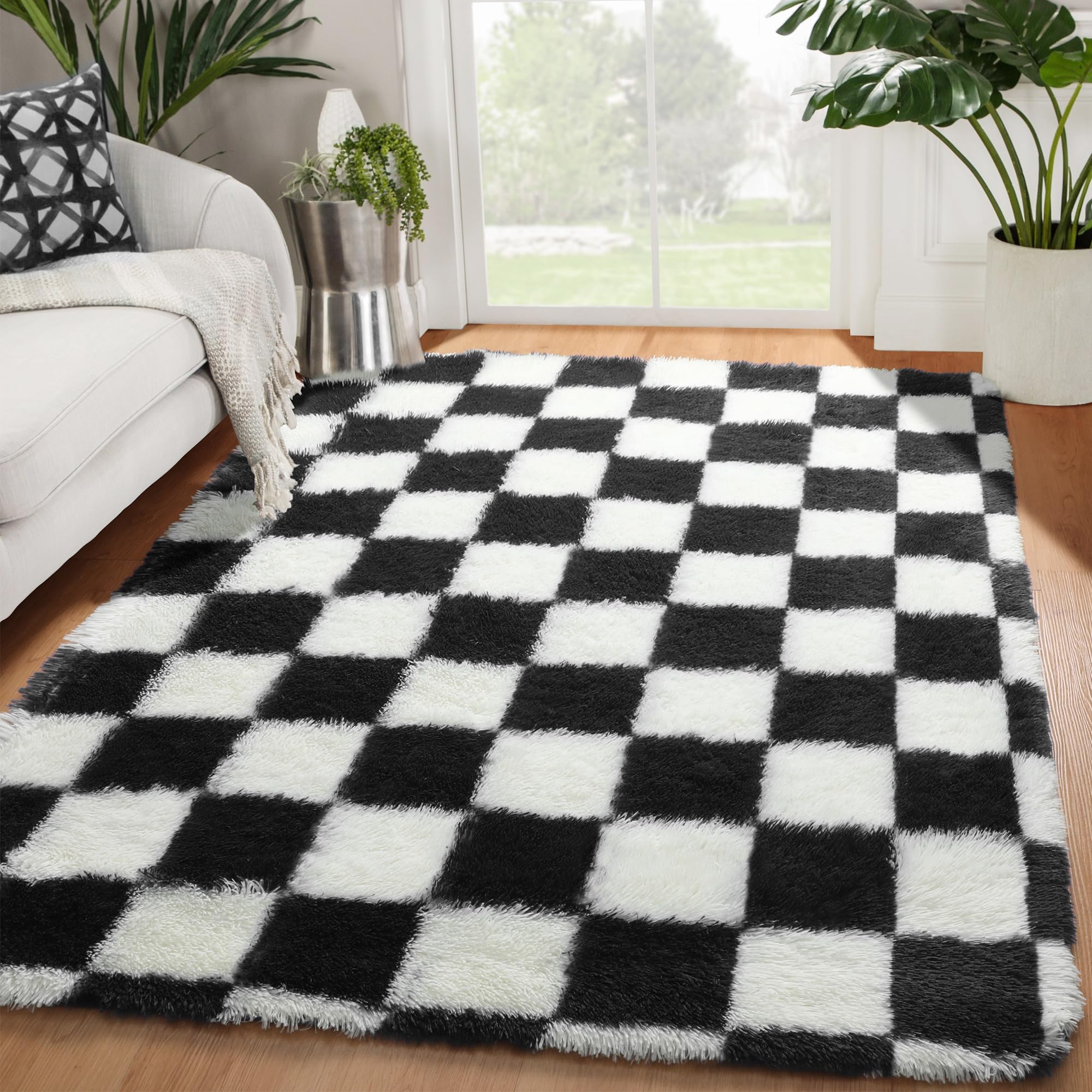 KICMOR front view checkered rug adds bold style and cozy comfort