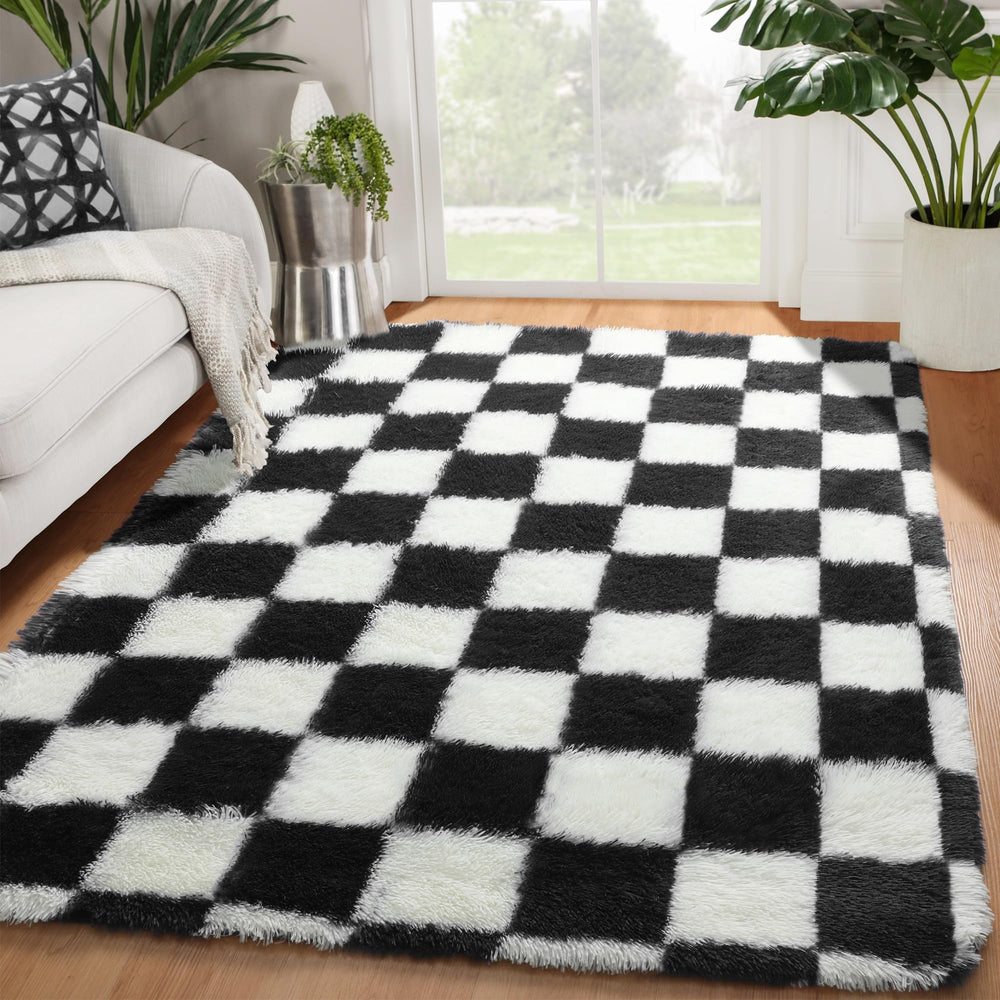 KICMOR front view checkered rug adds bold style and cozy comfort