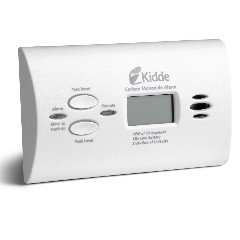 Kidde CO detector front view showing digital readout and LEDs for clear monitoring