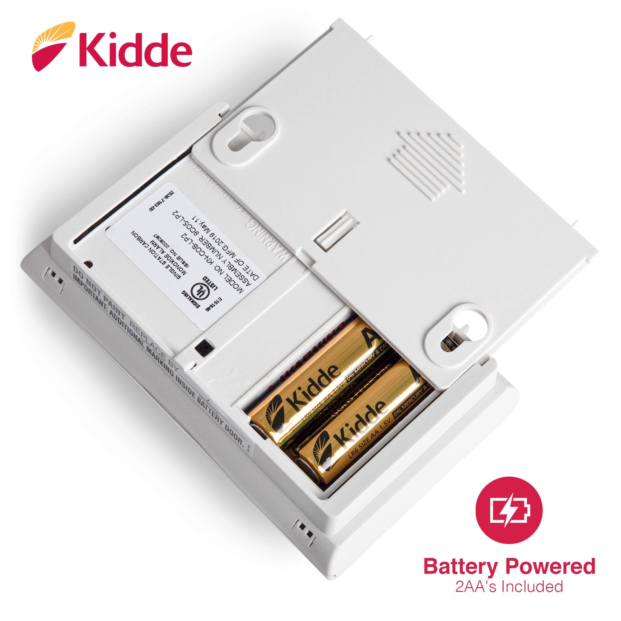 Kidde CO detector test-reset button detail enabling simple operation and hush feature benefit