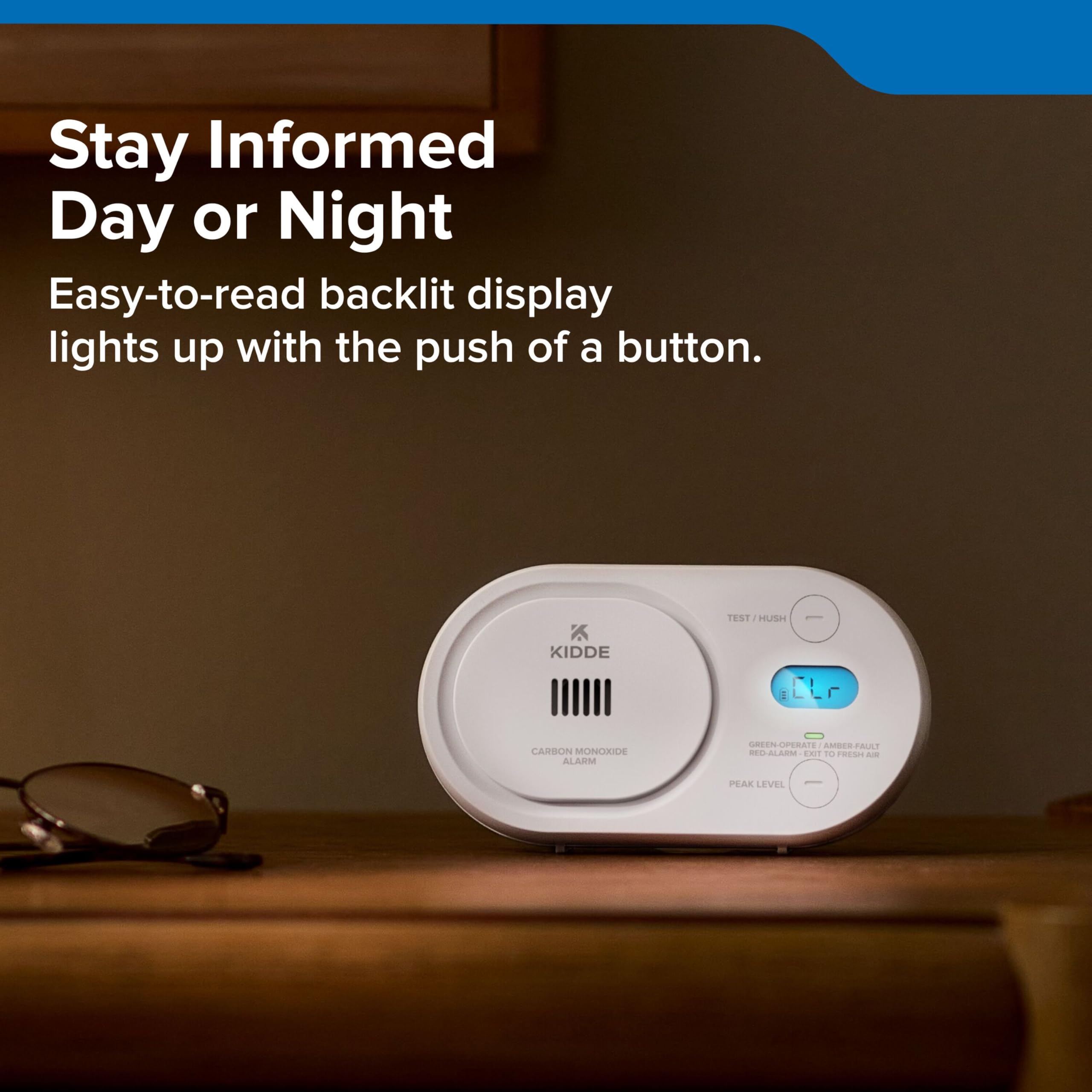 Kidde COBD placed on a bedroom nightstand offering portable home protection