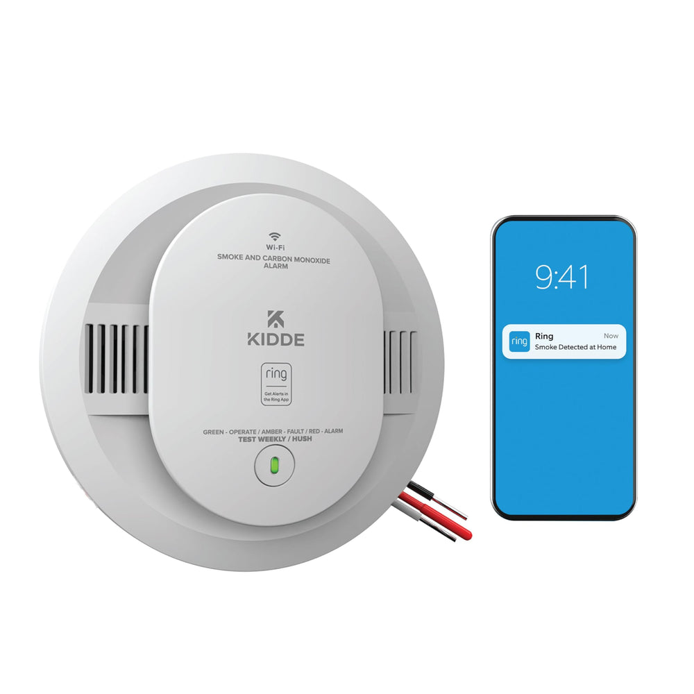 Kidde front view of detector showing sleek profile and instant hazard detection benefit