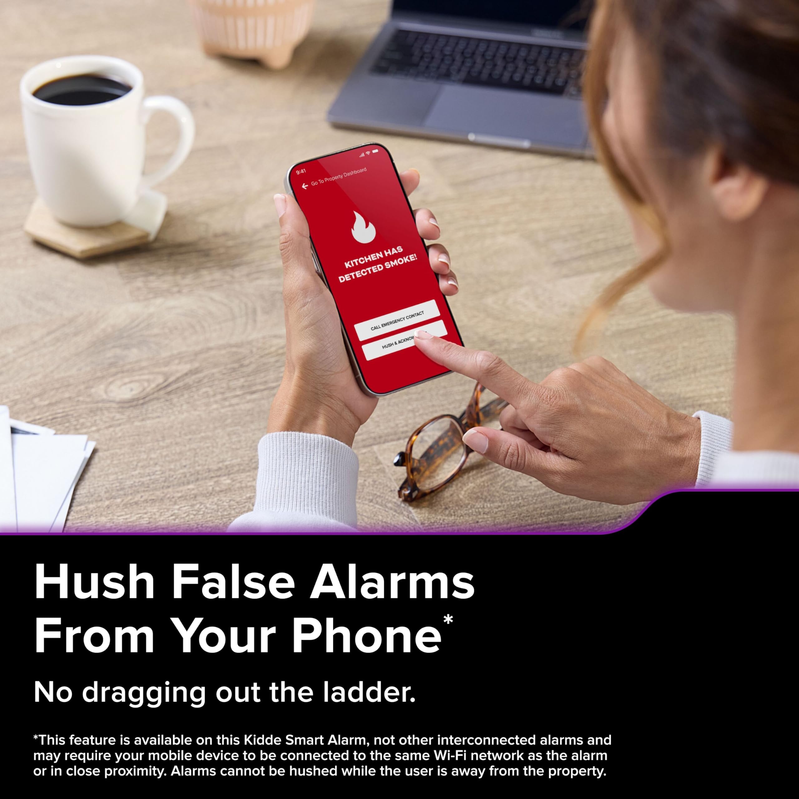 Kidde hush button press demonstrating quieting nuisance alarms quickly
