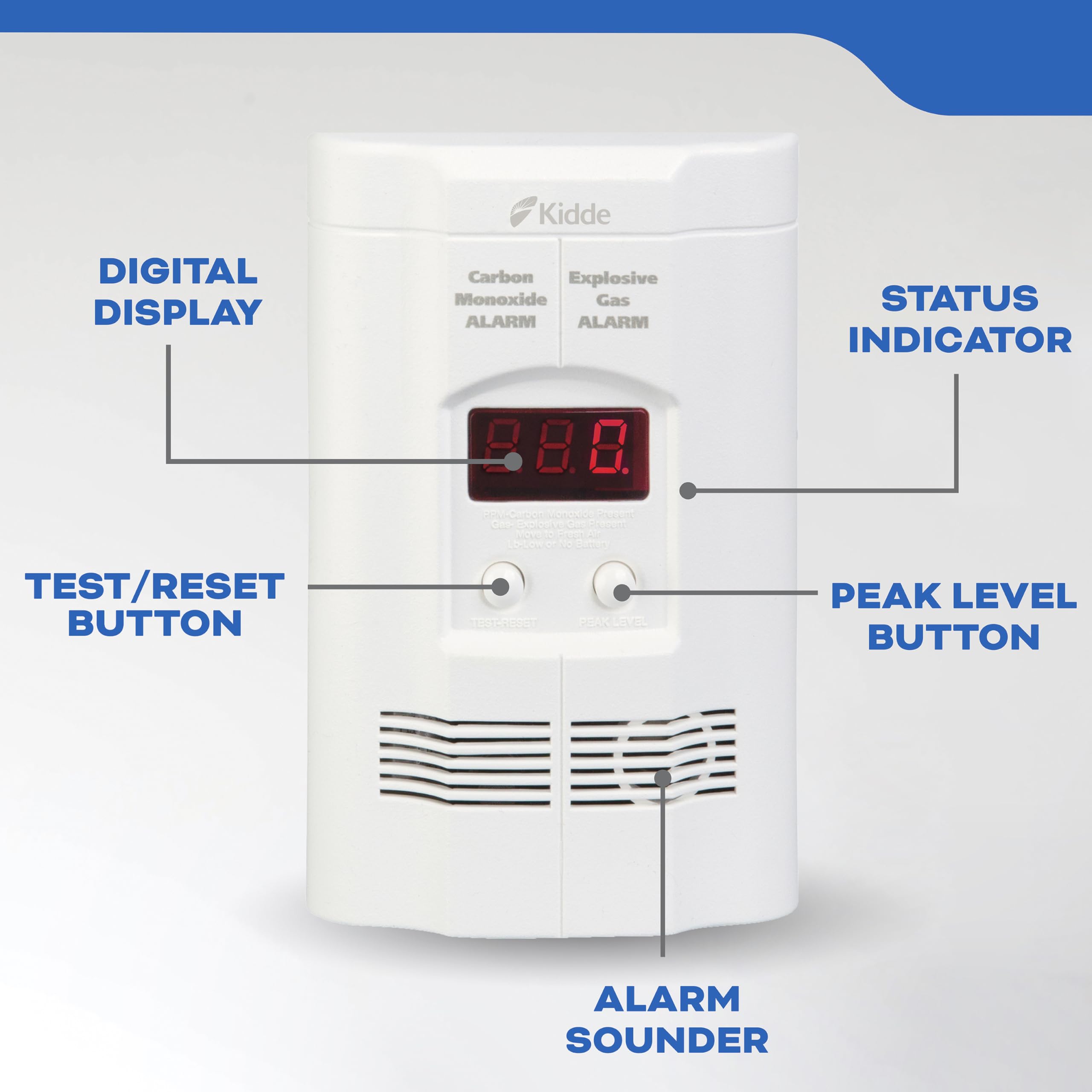 Kidde alarm mounted on hallway outlet demonstrating recommended placement for level-by-level protection