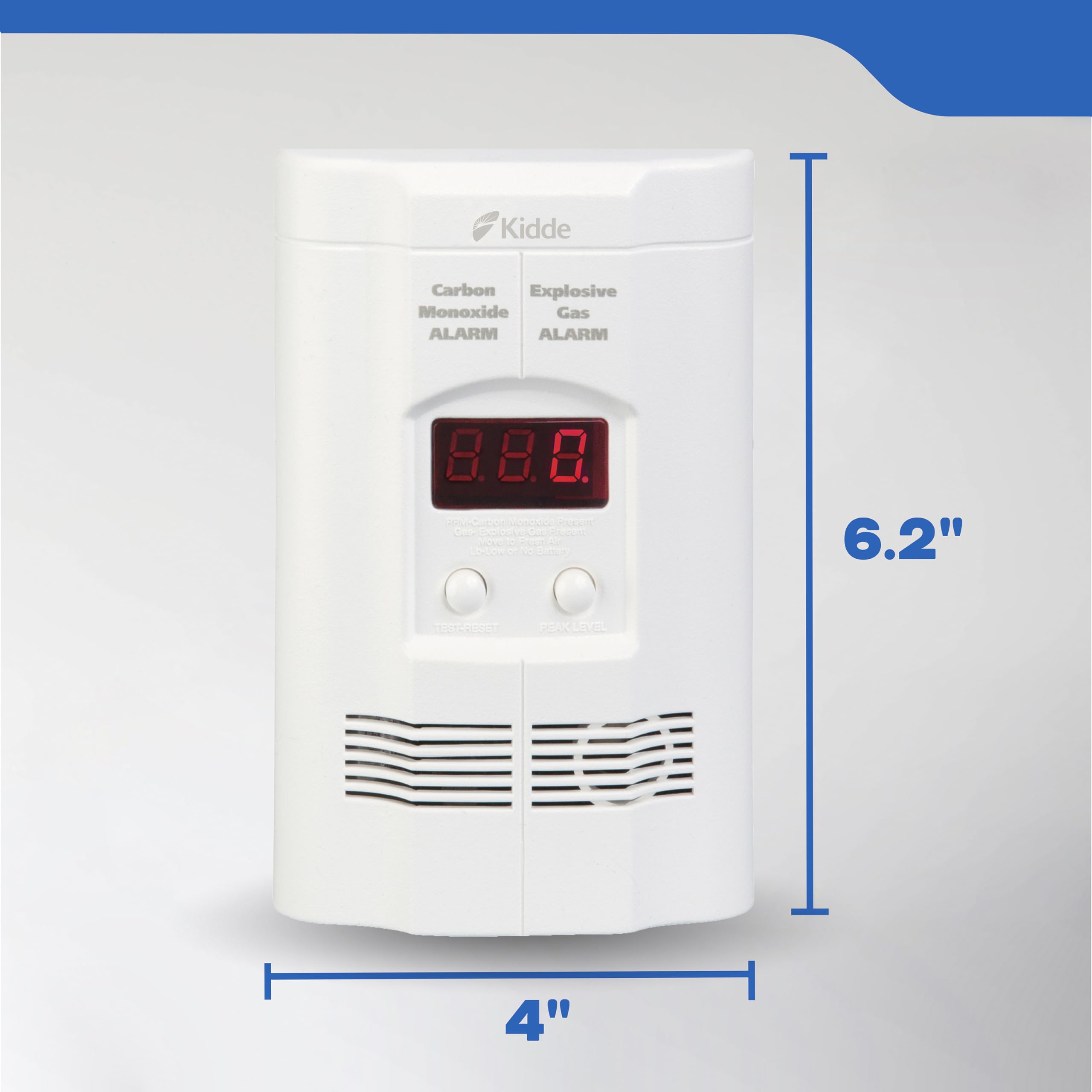 Kidde on shelf in a kitchen scene indicating room use near fuel-burning appliances to detect leaks early