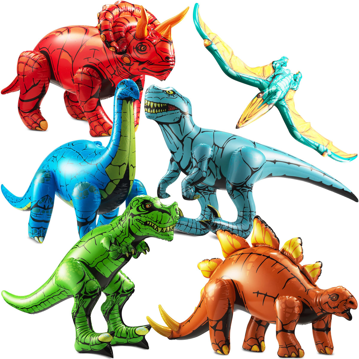 KiddieLoot front view of six inflatable dinosaurs for instant party décor
