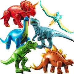 KiddieLoot front view of six inflatable dinosaurs for instant party décor