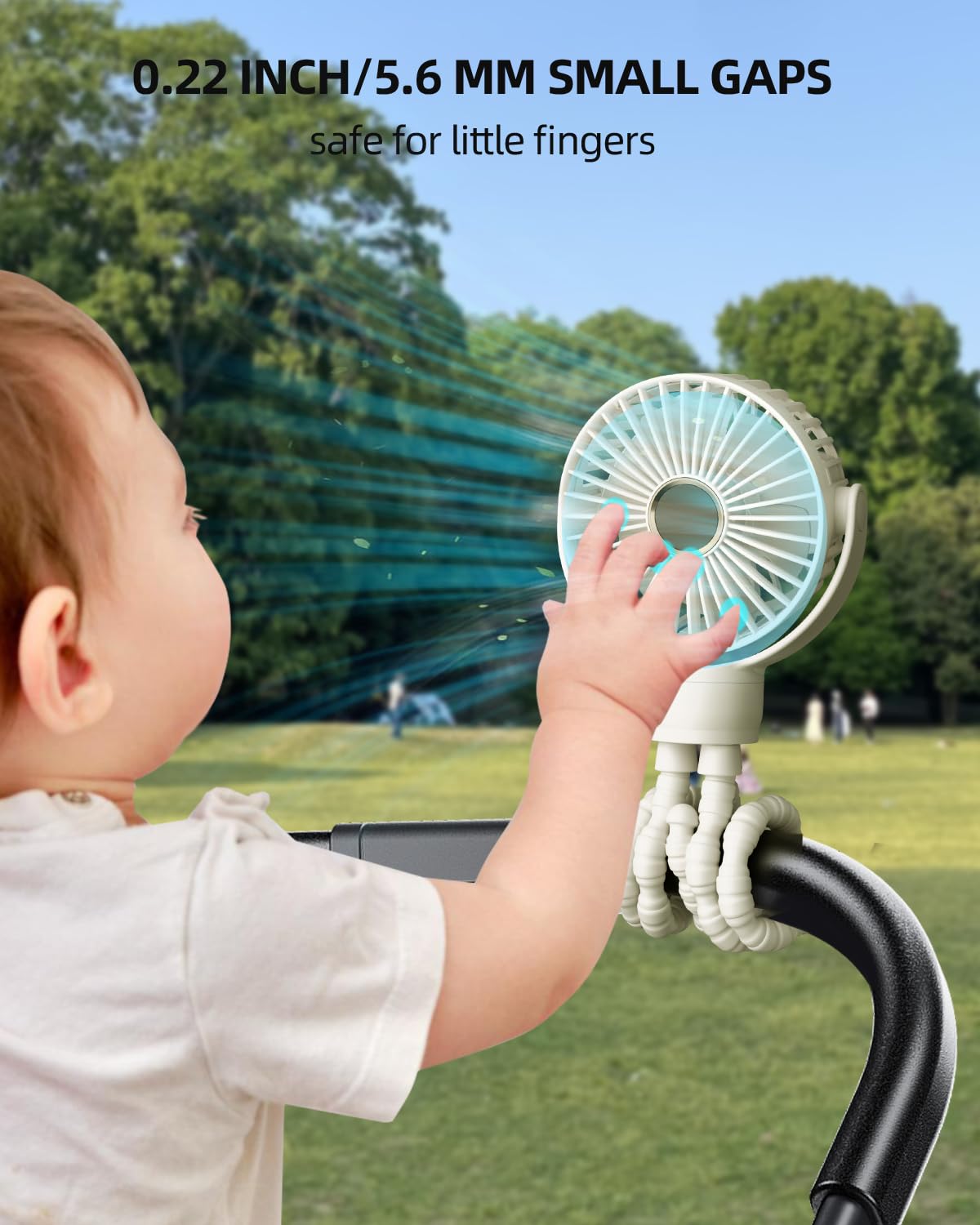 KIDEE clip attached to stroller rail for secure hands-free cooling benefit