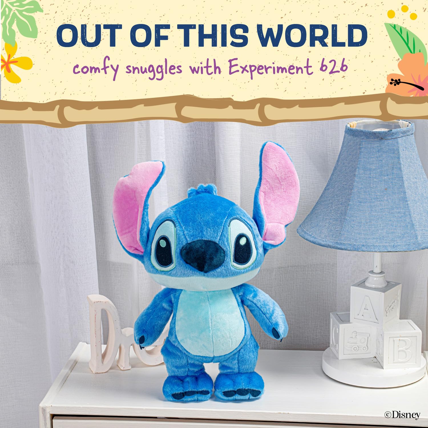 KIDS PREFERRED Stitch plush next to child hand showing portable 15-inch size
