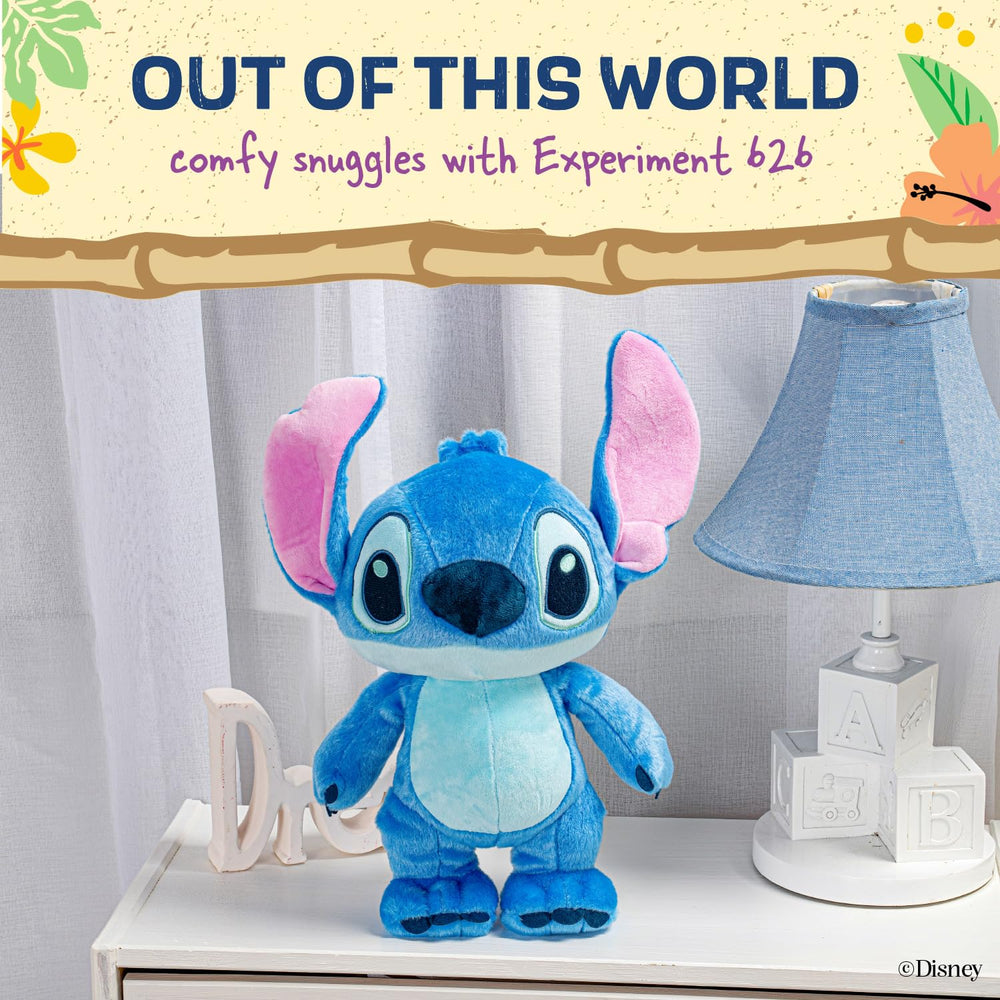 KIDS PREFERRED Stitch plush next to child hand showing portable 15-inch size