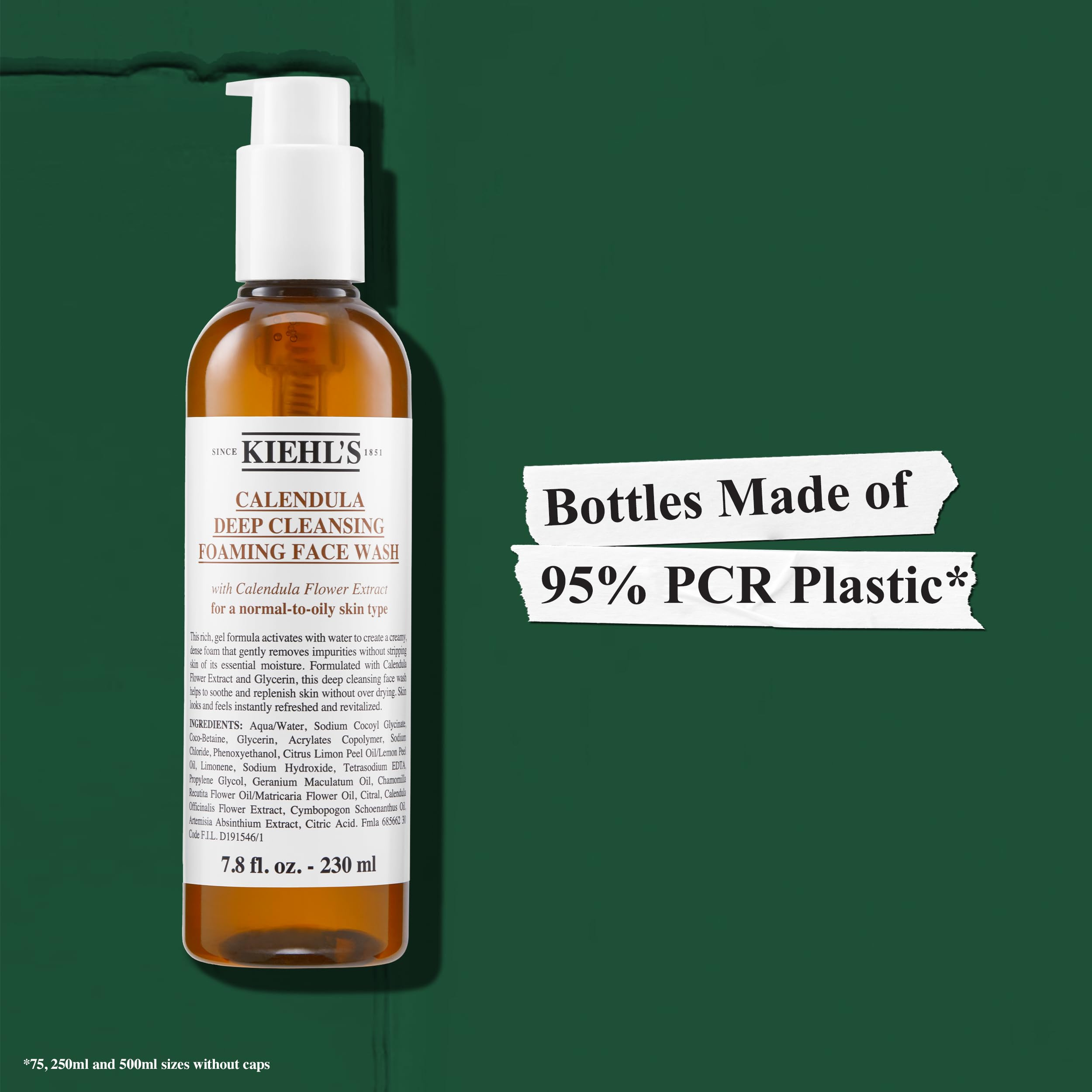 Kiehl's calendula flowers beside bottle showing soothing ingredient