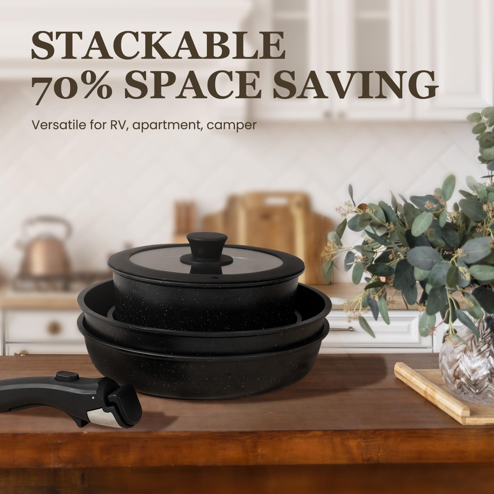 Kikcoin cookware set in an RV kitchenette showing travel-friendly compact cooking benefit