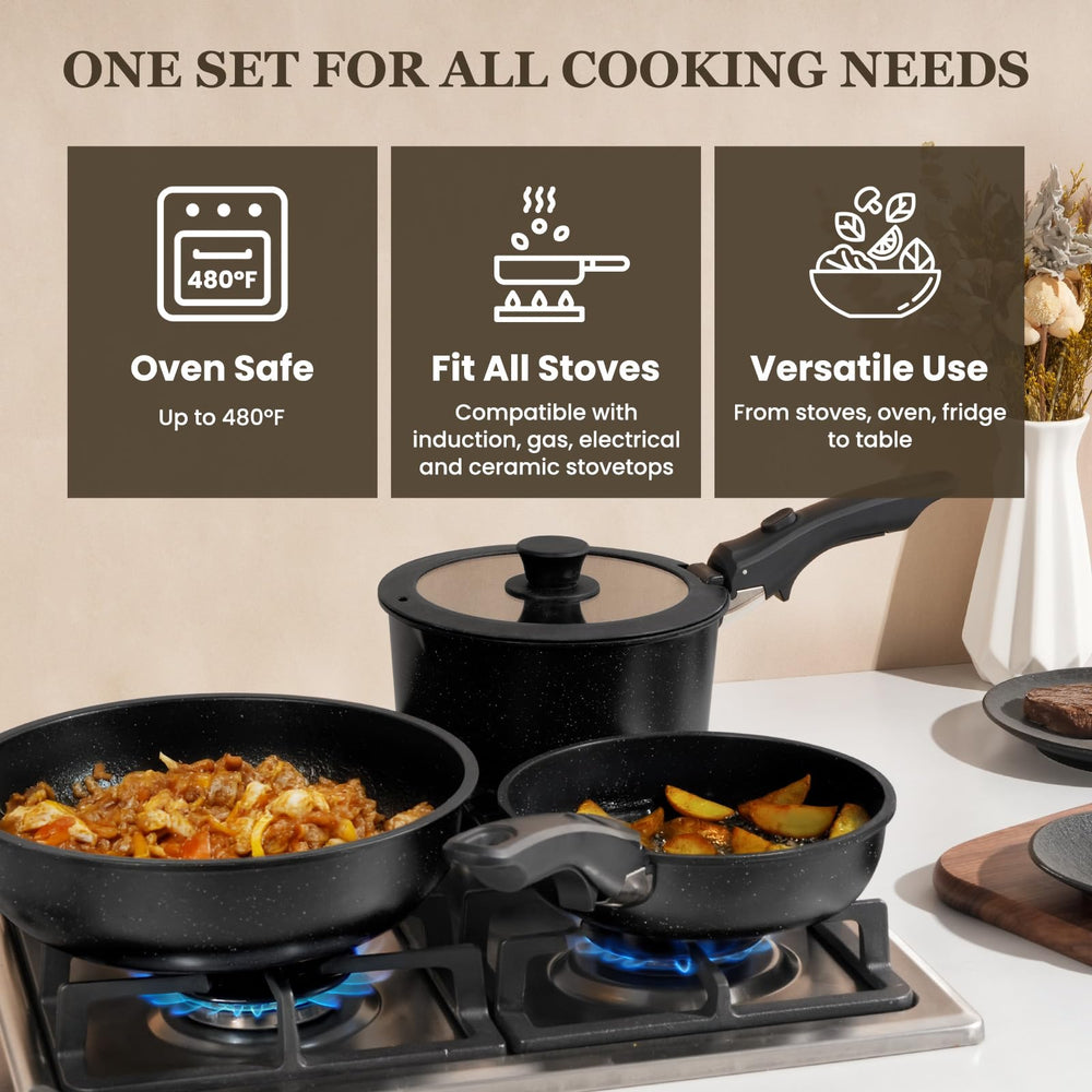 Kikcoin pans stacked in cabinet to show space-saving 70% reduction and organized storage benefit