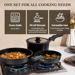 Kikcoin pans stacked in cabinet to show space-saving 70% reduction and organized storage benefit