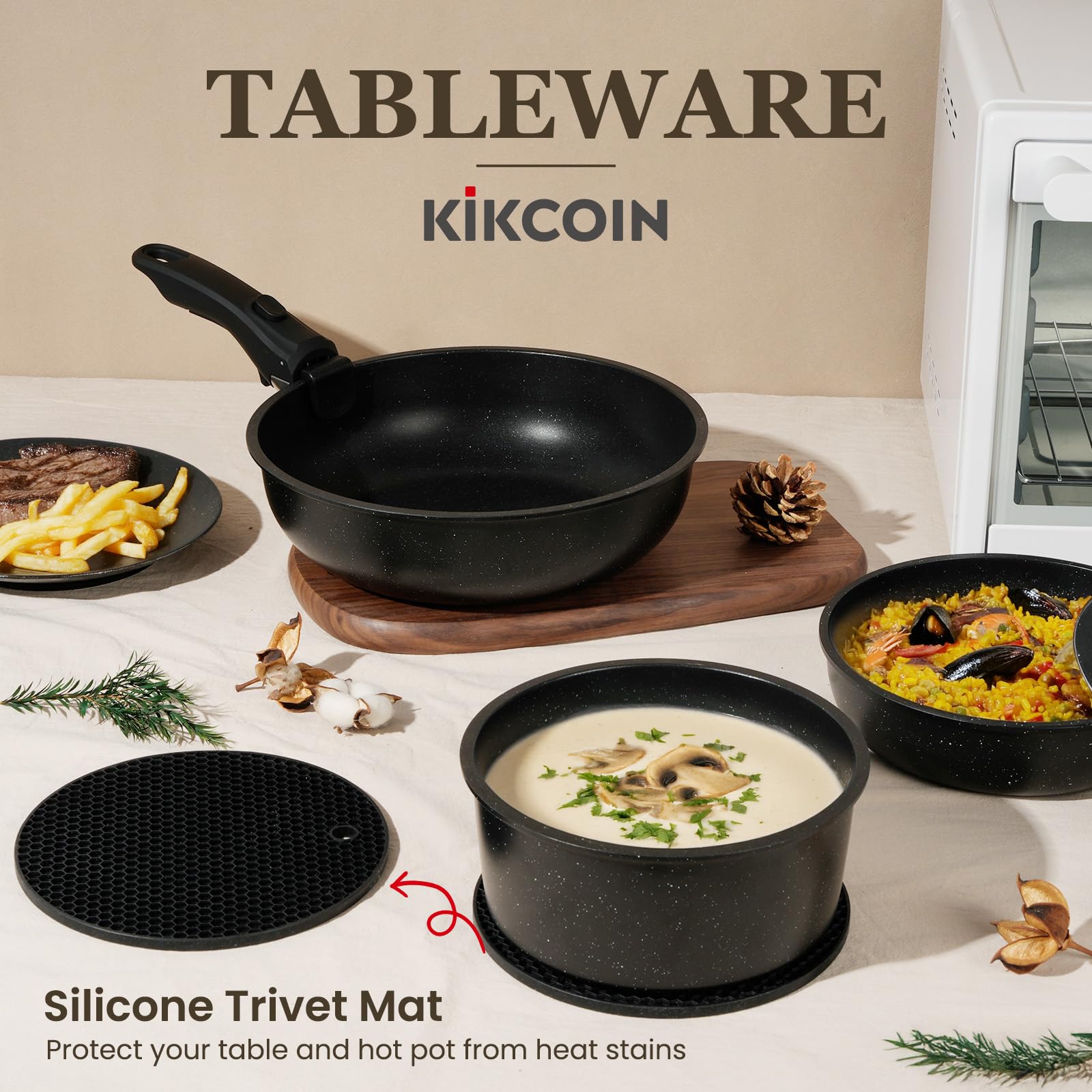 Kikcoin pan with trivet ready for oven use showing heat protection and multifunctional benefit