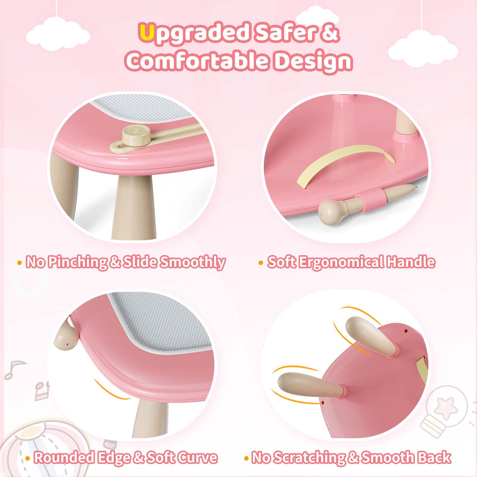 Kikidex adjustable leg detail showing three-height settings for comfort