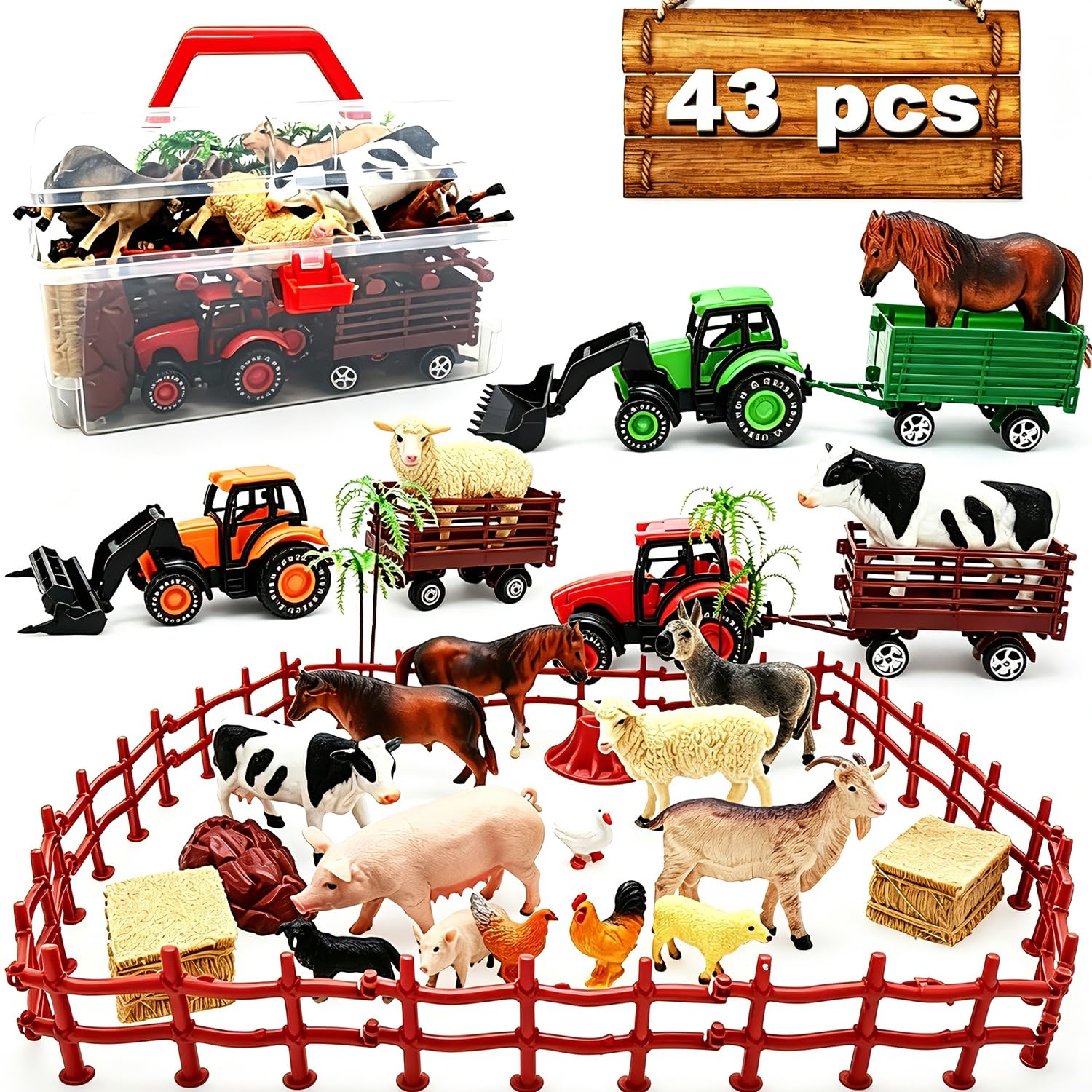 Kimicare front display showing full farm set and tractors, encourages imaginative play