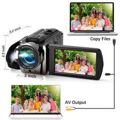 kimire camcorder rear LCD close-up showing menu and easy playback, simplifies review