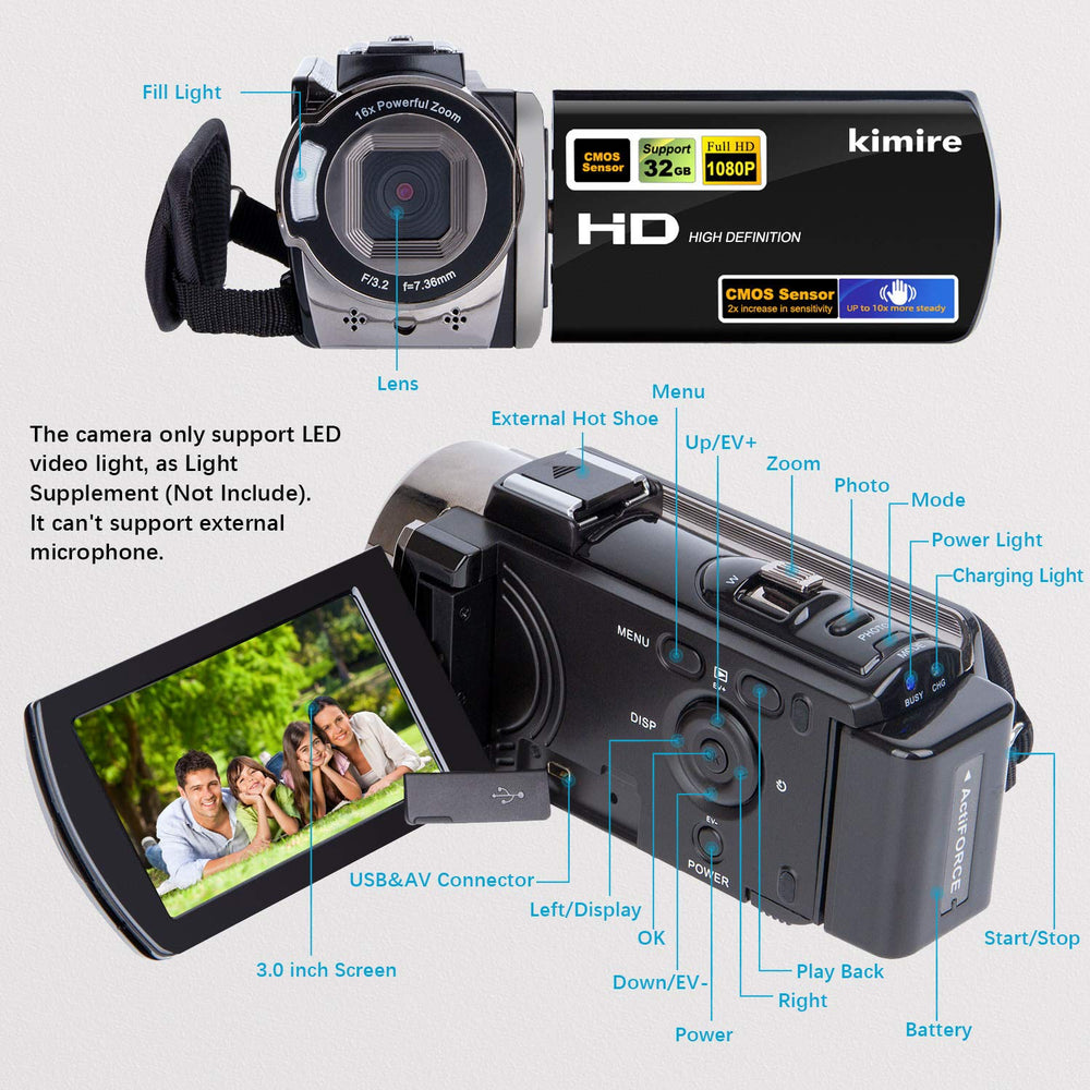 kimire camcorder rotated 270-degree LCD visible, helpful for vlogging and selfies
