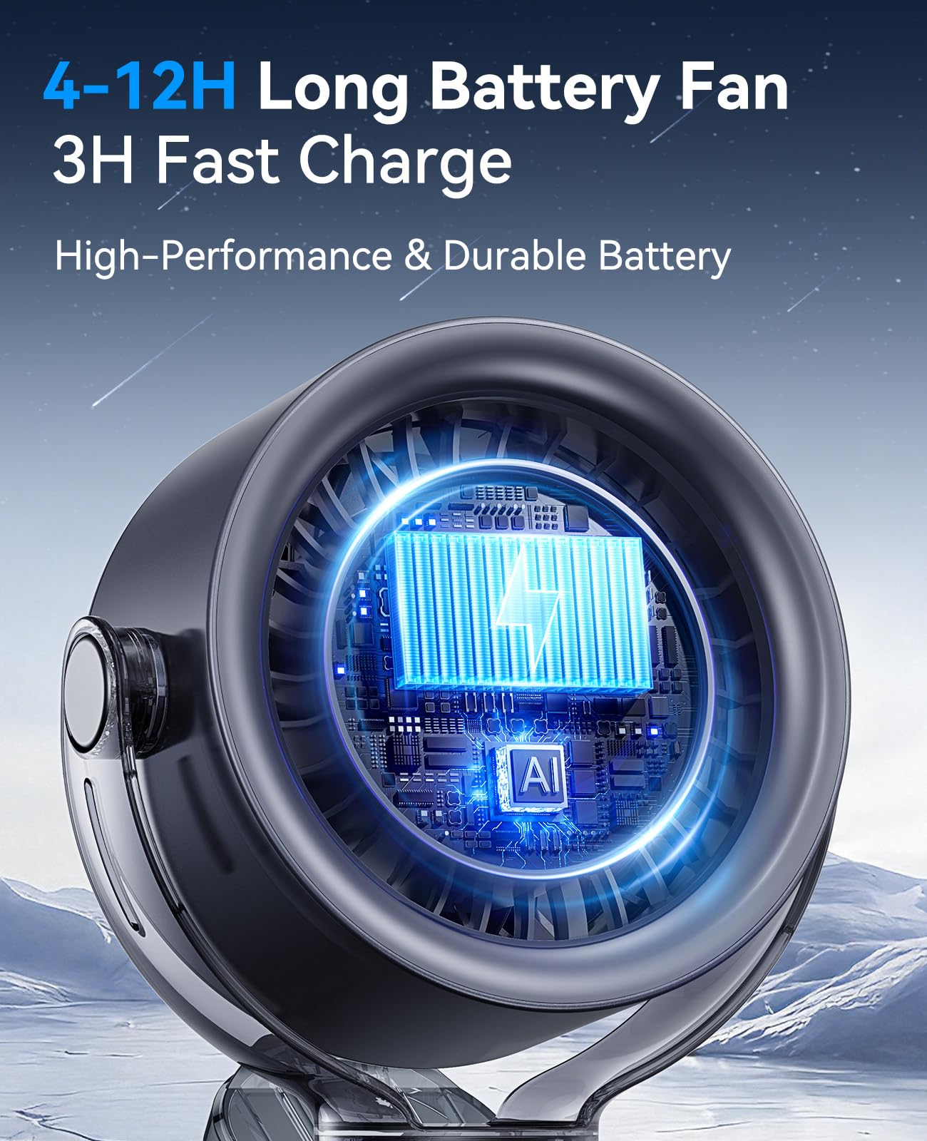 KIMMOO fan tilted to show 360° rotation and adjustable airflow benefit