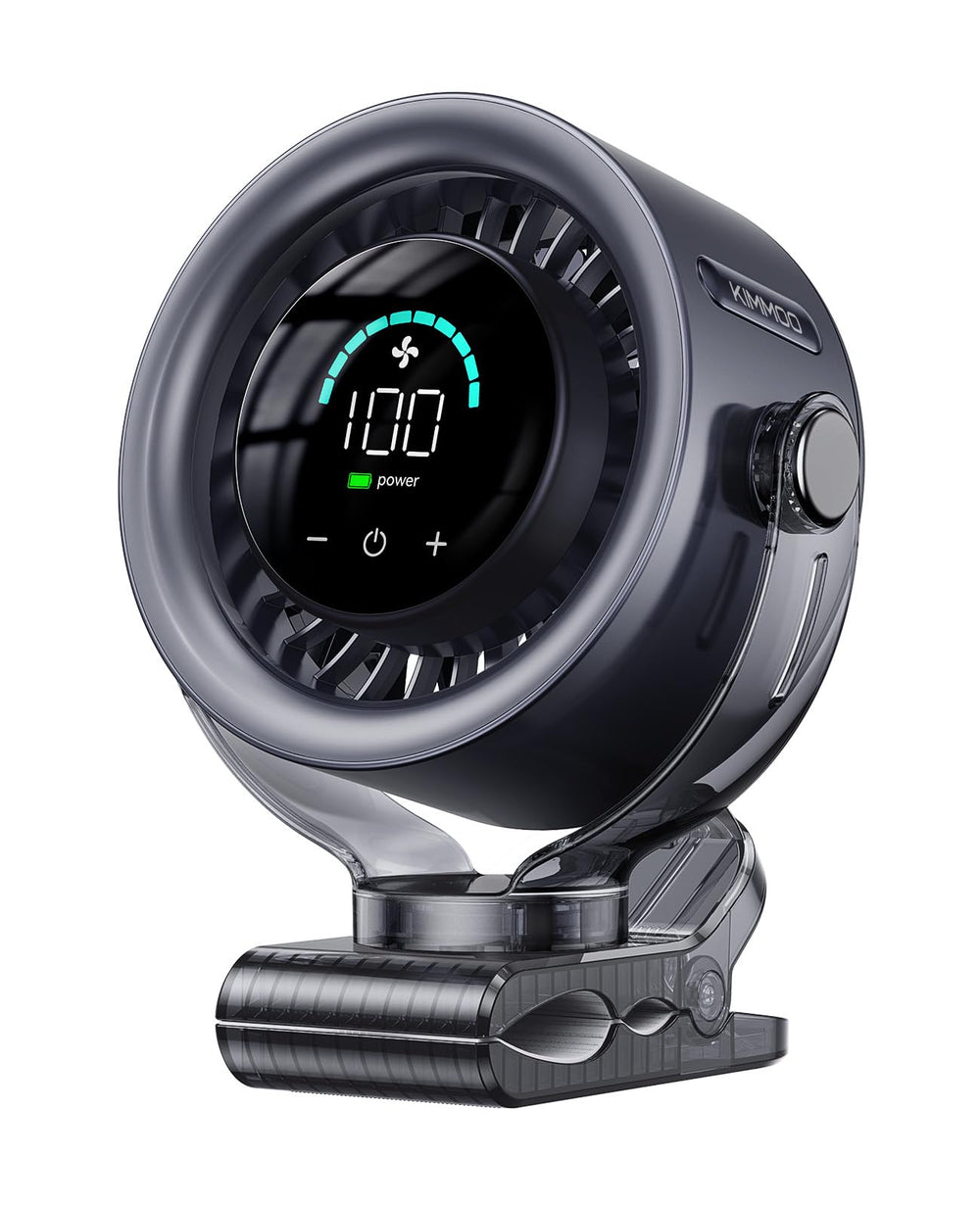 KIMMOO front view of clip-on fan showing compact design and powerful airflow benefit