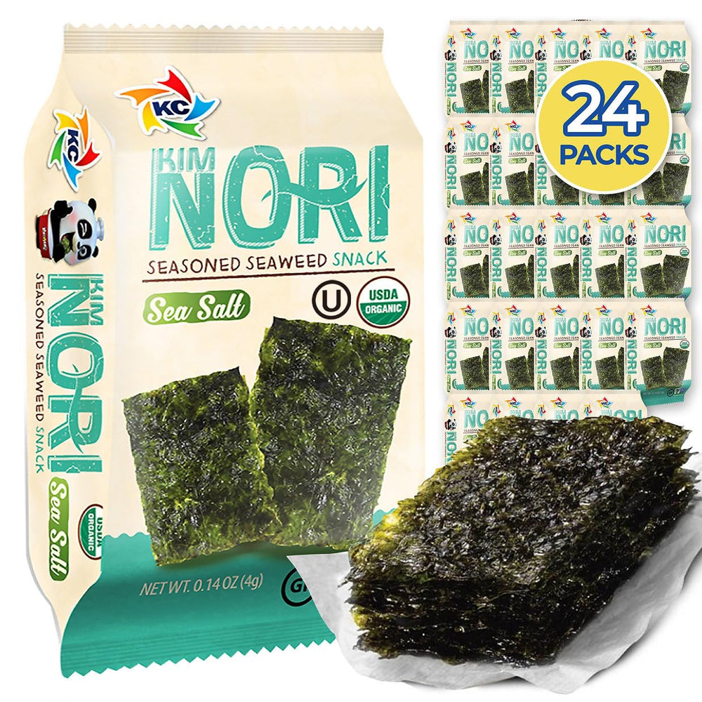 KIMNORI front packaging showing 24-pack value and organic sea salt flavor