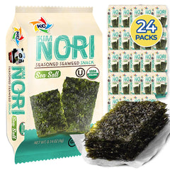 KIMNORI front packaging showing 24-pack value and organic sea salt flavor