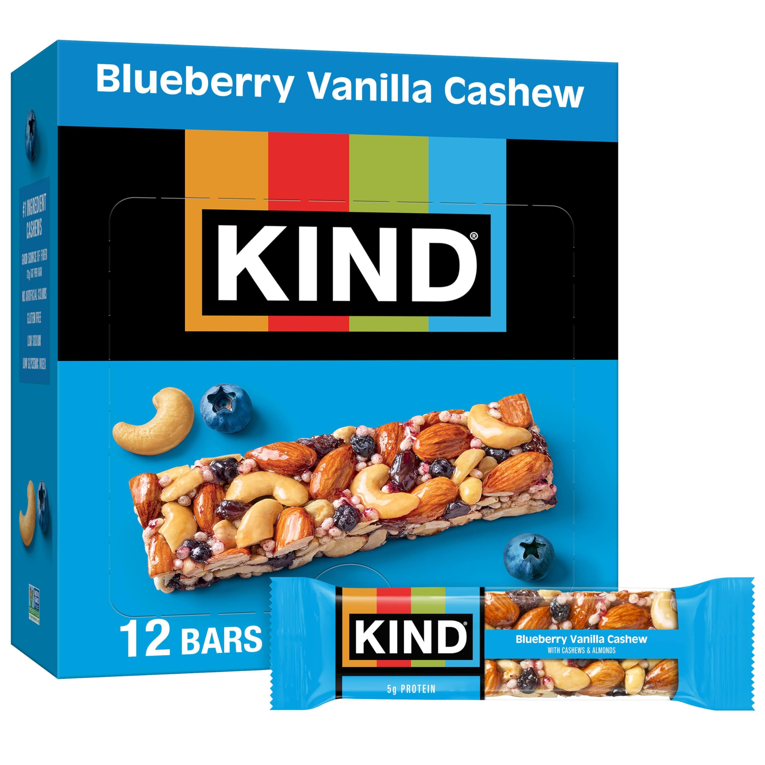 KIND front packaging showing blueberry vanilla cashew bars and benefits