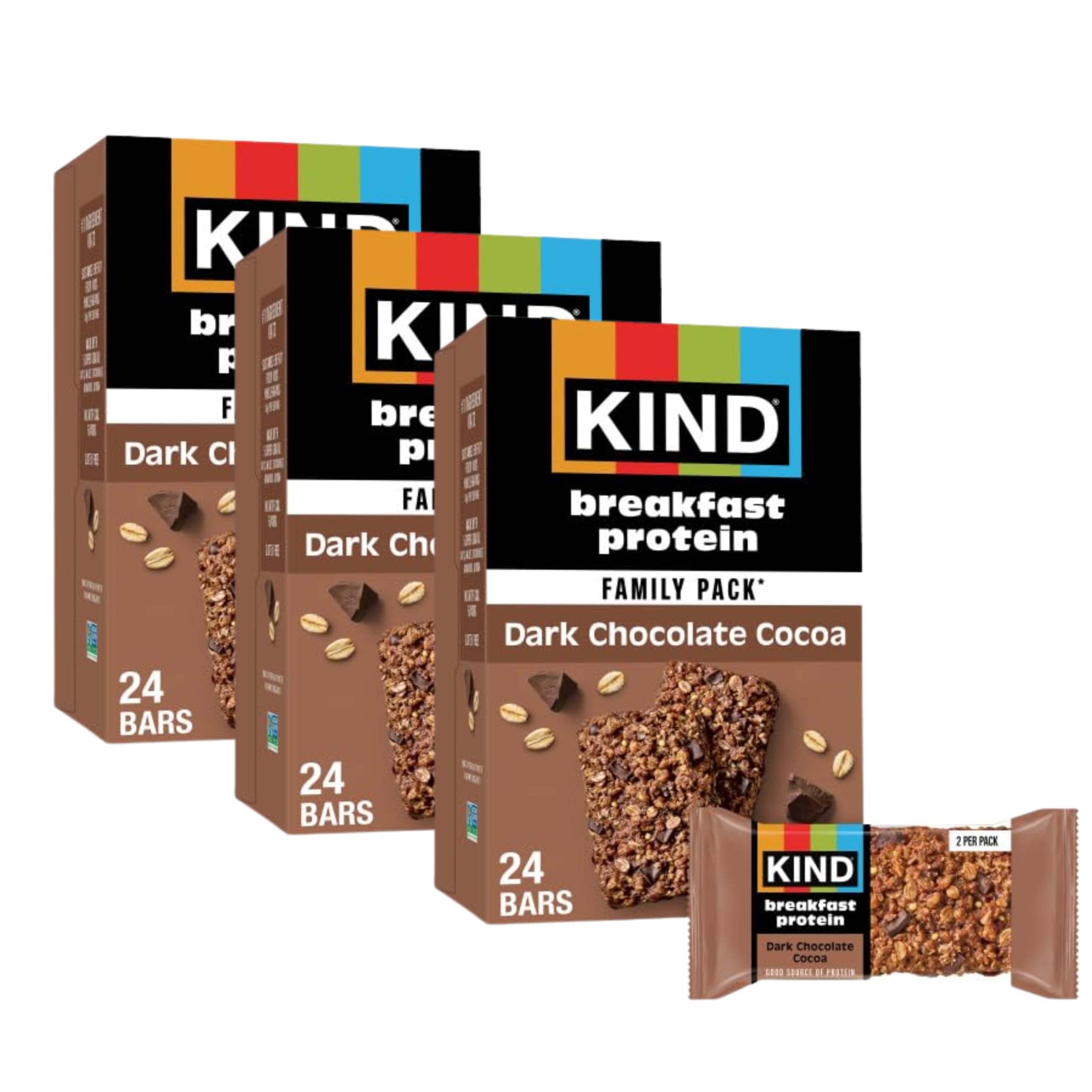 KIND front packaging showing product name and benefits for convenient breakfasts