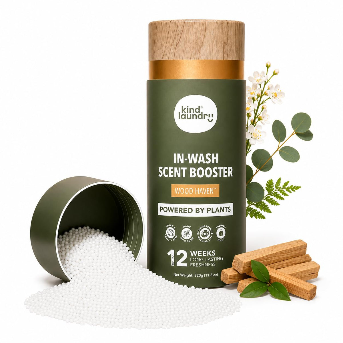 KIND LAUNDRY front packaging showing Wood Haven scent and eco benefits