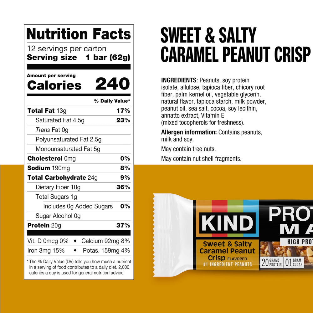 Close-up texture of KIND MAX bar showing peanuts and crisp bits for satisfying crunch
