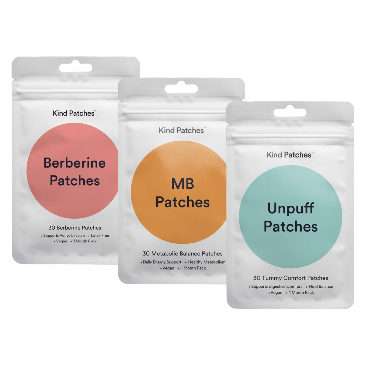 Kind Patches trio front packaging showing all three patch types and compact box benefit clarity