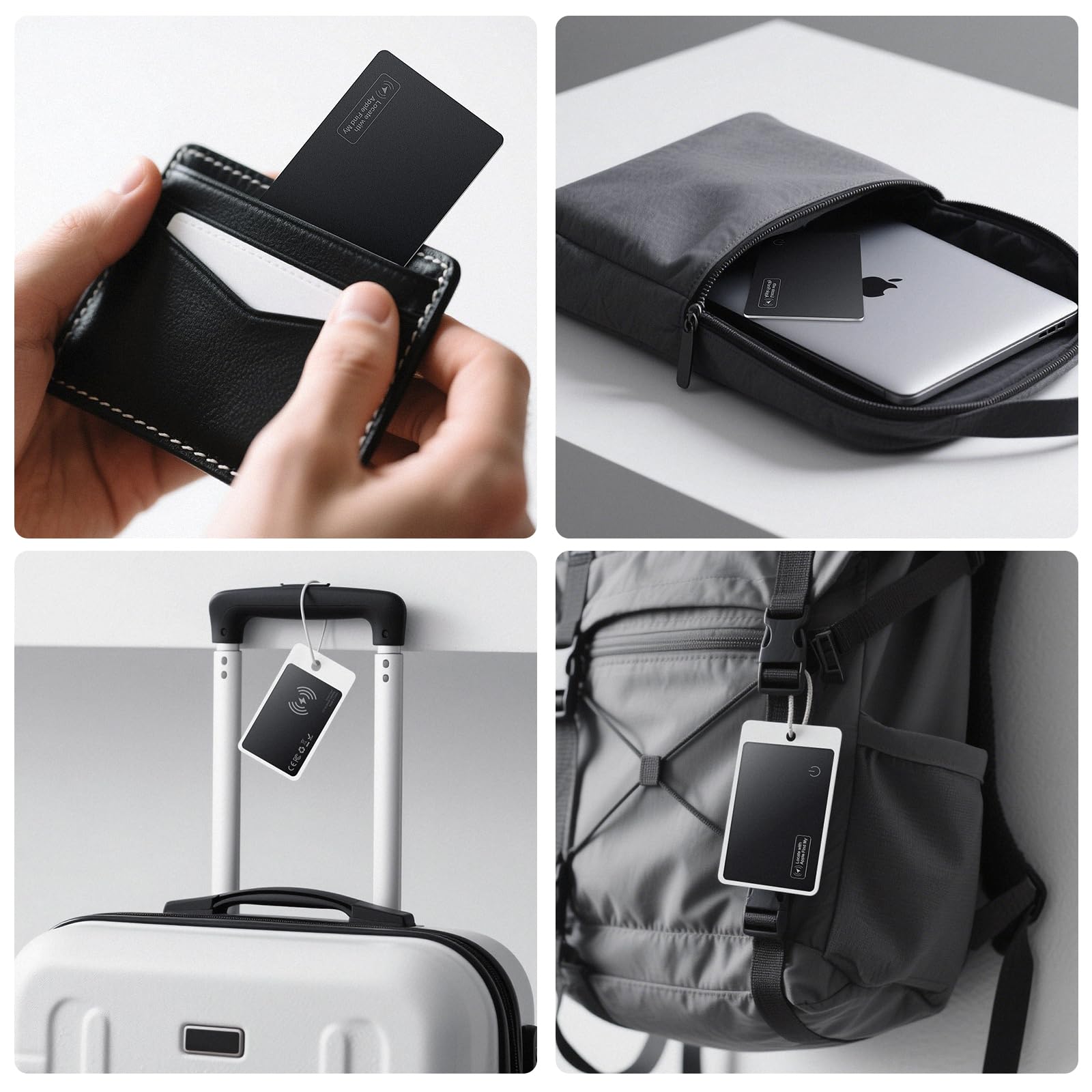 KINDEEP card attached to luggage tag in travel scene showing easy recovery