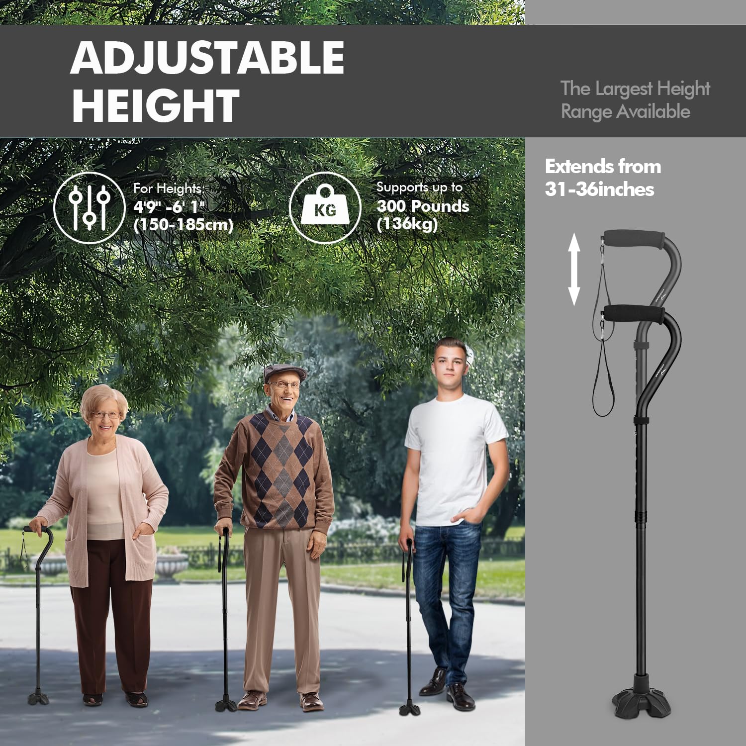KINGGEAR lifestyle shot of senior walking confidently with cane for everyday independence